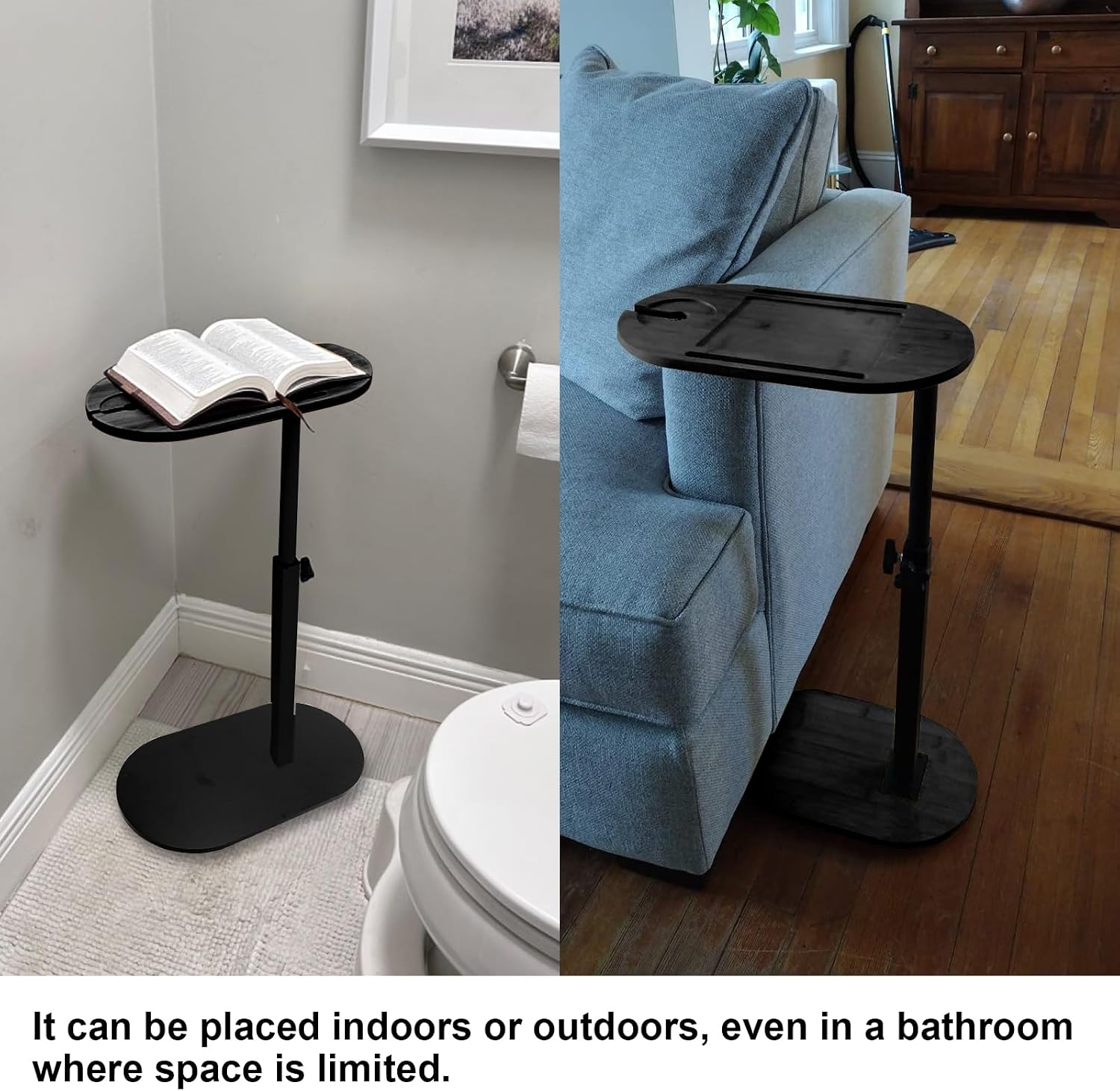 Adjustable TV Tray Table Side Table Tray for Small Spaces, Sofa Arms Bamboo Height Adjustable Bed or Chair, Living Room, Bedroom TV Tray Table with Phone and Tablet Slots(Black)