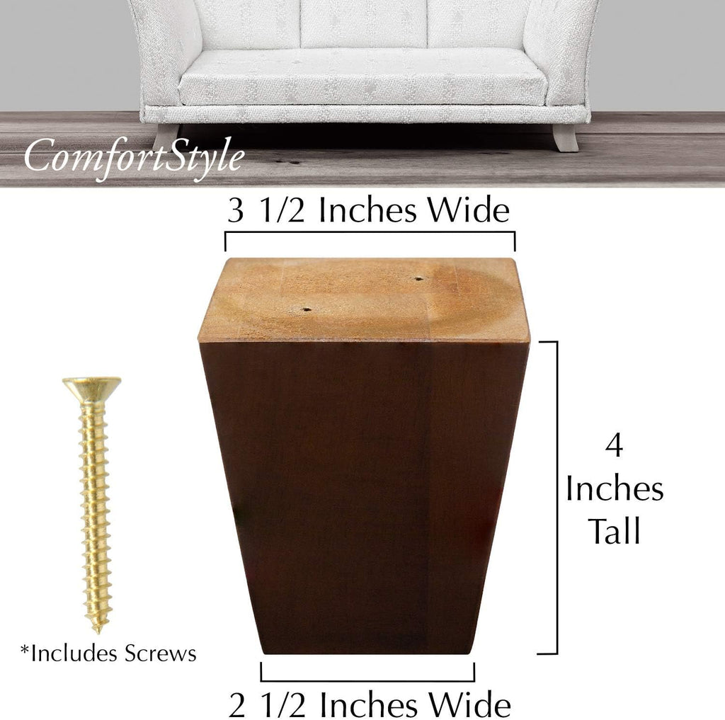 Legs for Furniture, Sofa Ottoman and Chair 4" Wood Feet Replacement, Set of 4 Square Tapered Pyramid Feet (Walnut)