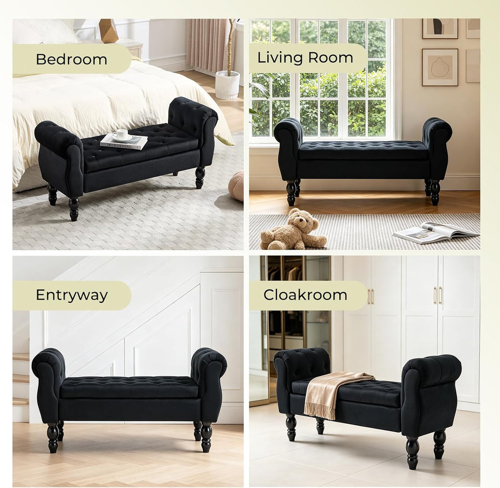 Velvet Upholstered Storage Bench with Arms and Wooden Legs, 47.6" Modern Button Tufted Bench for Bedroom End of Bed, Upholstered Living Room Entryway Sitting Window Benches for Hallway, Black