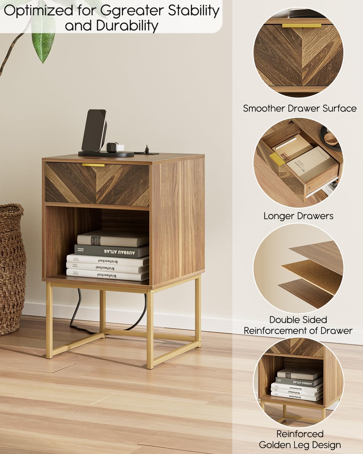 Nightstand with Charging Station,Modern Night Stand Boho Farmhouse Wood Bedside Table with Storage Drawer and Open Shelf,Side End Table for Bedroom,Living Room,Walnut