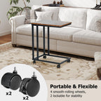 FurnitureR End Table C Shaped, Snack Side Table with Rolling Wheels for Sofa Couch and Bed, Portable, Easy Assembly, Metal Frame, Rustic Brown