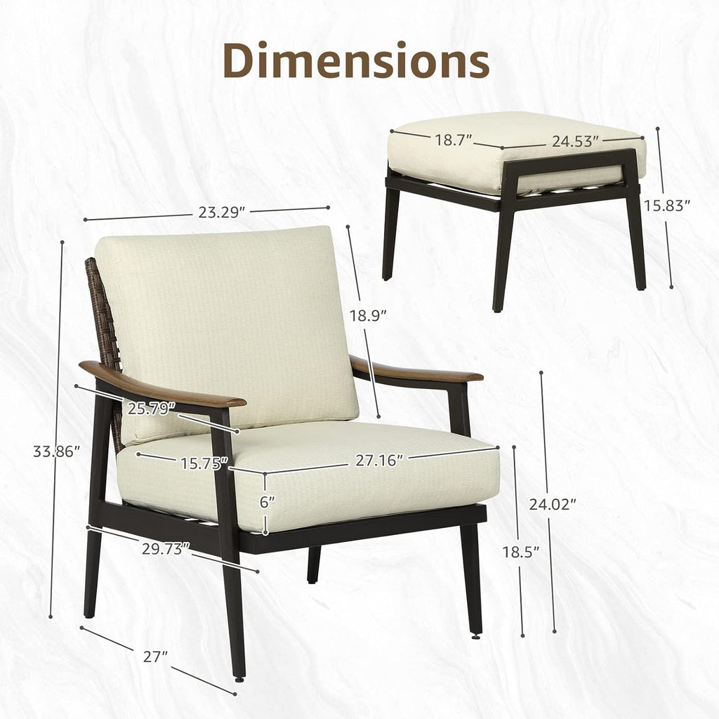 NATURAL EXPRESSIONS Patio Outdoor Chair with Ottoman, Wicker Backrest | 1 Matched Ottoman, Adjustable Feet, Natural Wood-garin Texture Arm, 6" Removable Cushion, Patio Sofa for Porch, Deck, Balcony