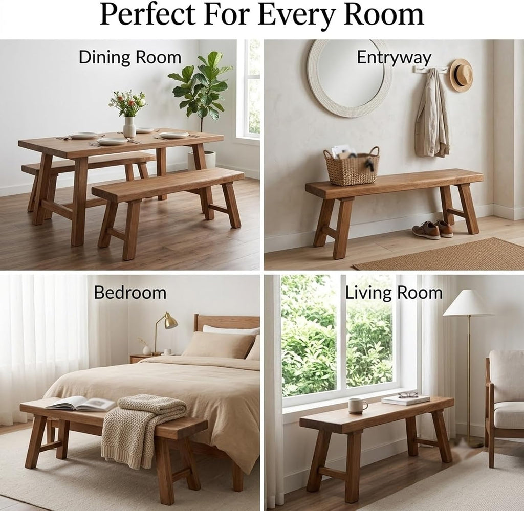 Solid Wood Bench for Entryway, 30" 36" 42" 48" 54" 60" Farmhouse Wood Dining Bench, Rustic Indoor Seating for Kitchen, Living Room & End of Bed(L: 28" x W:12" x H:18")
