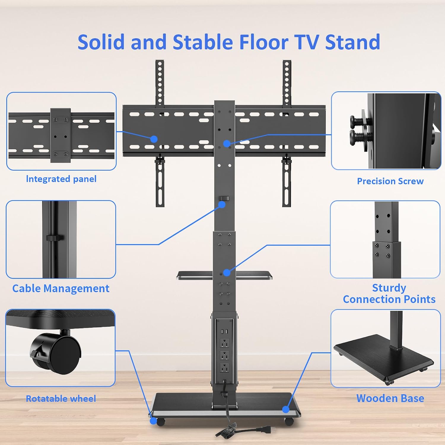 Afaloona Rolling TV Stand with Power Outlet for 32-75" TV, Max Load 110 lbs | Mobile TV cart with 18 height adjustments, ±30° swivel, media shelf and Max VESA 600×400mm for living room office and outdoor