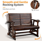 VINGLI Outdoor Glider Wood Patio Chair with Cup Holders, Outdoor Bench Glider Loveseat with Smooth Rocking Mechanism, Heavy Duty 800 LBS, Rustic