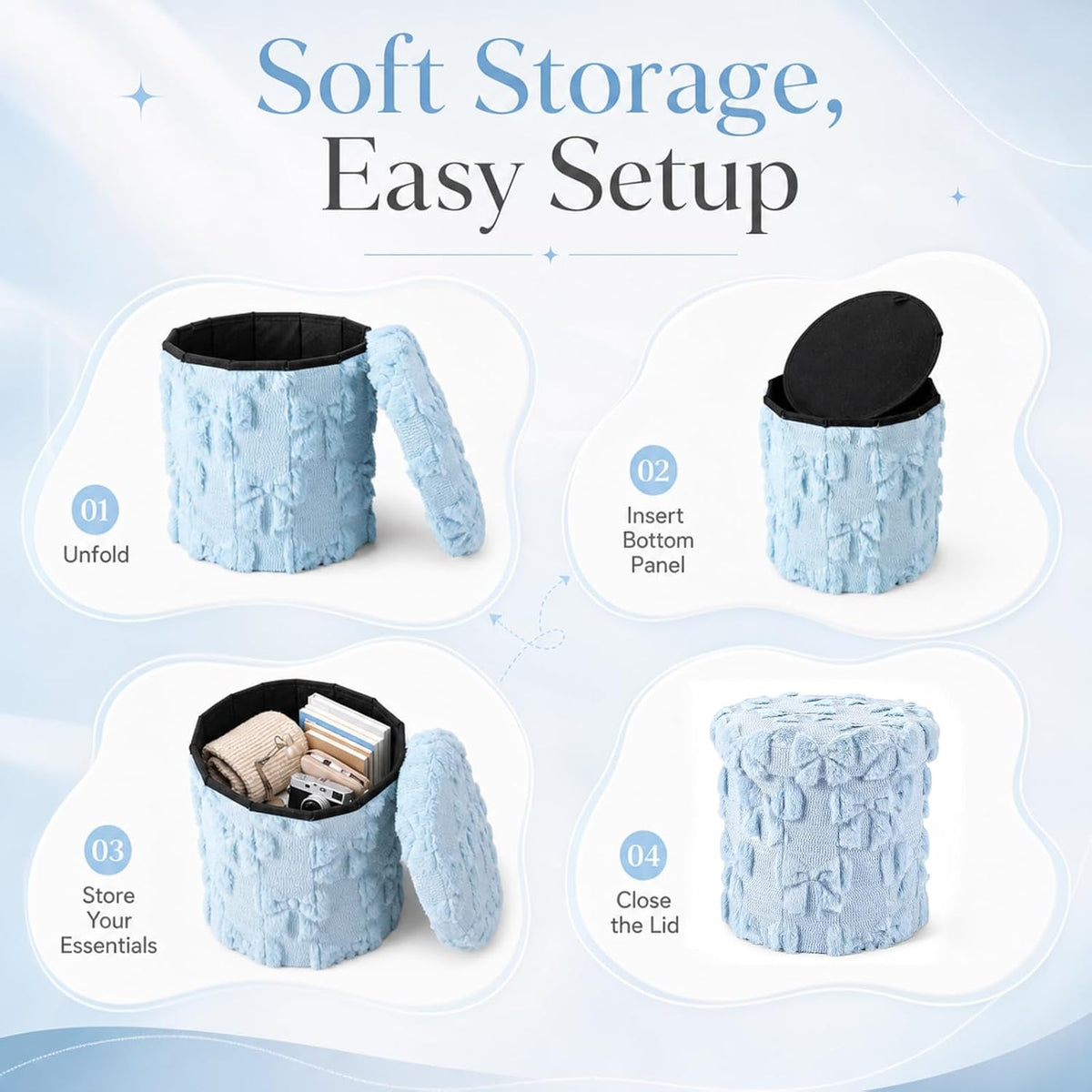 RattanView Foldable Ottoman with Storage 12 Inch Blue Bow Coquette Round Storage Ottoman Small Foot Rest Stool with Lid for Back to School, College Dorm, Bedroom & Office