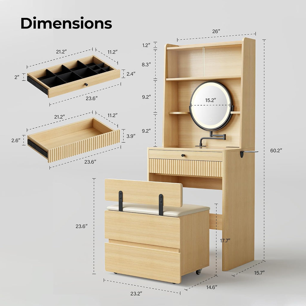 IRONCK Small Vanity Desk with LED Mirror, Glass Top & Storage Stool | 26-inch oak vanity with adjustable mirror arm, 3 light modes, 2 drawers, charging station, and tuck-away storage stool.