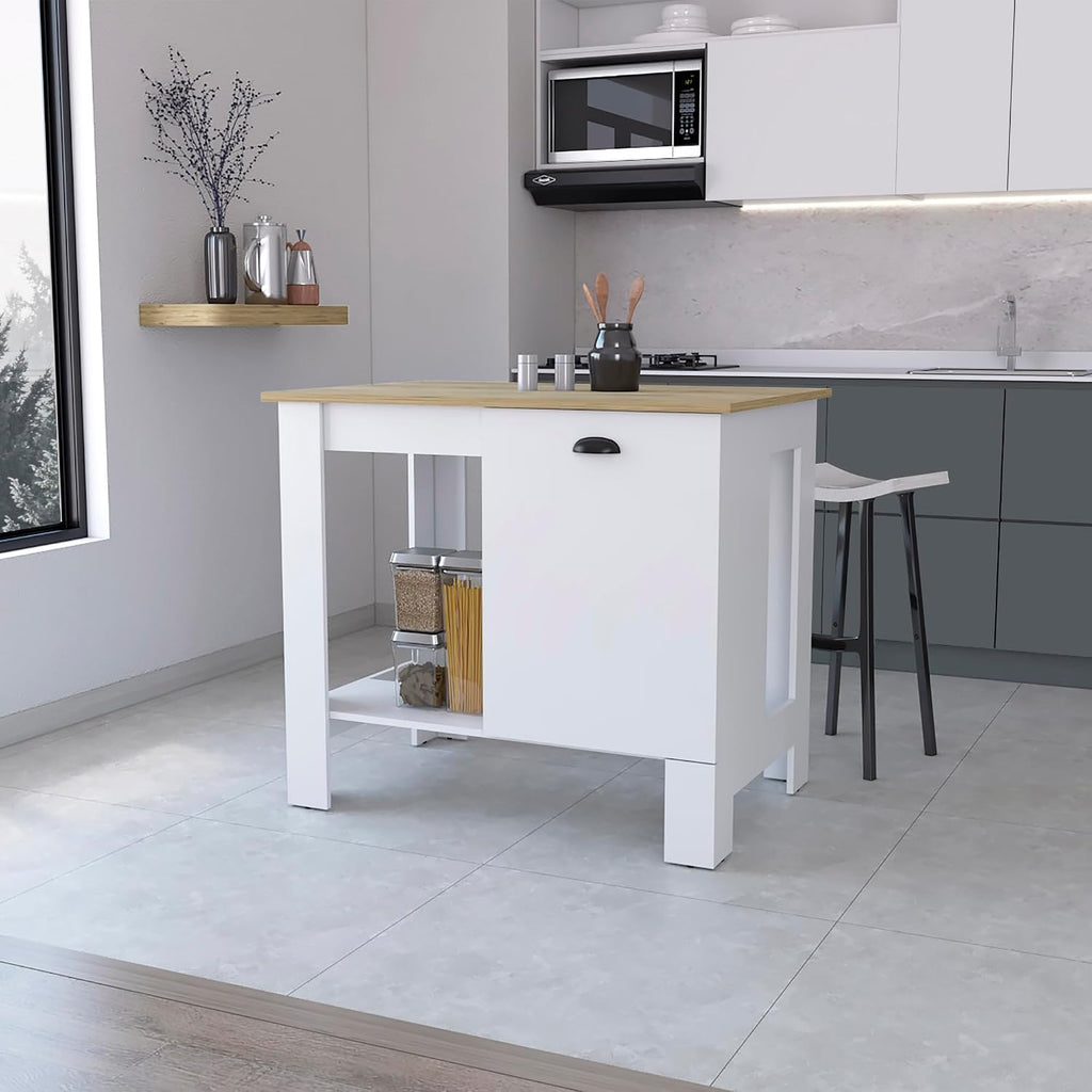 Kitchen Island with Single Door and Lower Open Shelf | Includes single door with two interior shelves and open-side shelf for storage