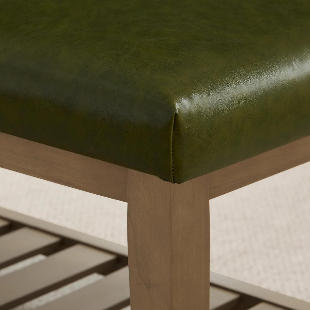 HUIMO Entryway Shoe Bench with Cushion, End of Bed Bench,Upholstered Bench for Kitchen, Bench with Solid Wood Shelf, Leather Ottoman Bench for Hallway, Living Room (PU-Green)