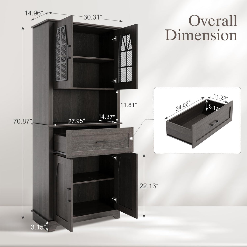Kitchen Pantry Storage Cabinet with Doors and Shelves, Industrial Pantry Storage with Iron Mesh Doors for Kitchen Dining Room, Living Room, Black