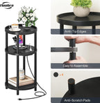 HOOBRO Small Round Side Table with Charging Station, 3-Tier Round Bamboo End Table, Compact Sofa Bedside Table for Small Space, Easy Assembly, for Living Room, Bedroom, Apartment, Black BB152UBZ01
