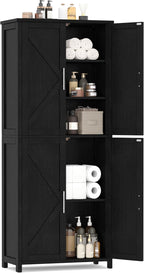 Akxomel 63''H Tall Farmhouse Bathroom Storage Cabinet with 4 Doors Black | Floor Storage Cabinet with Barn Doors, Adjustable Shelf, Pantry Cabinet for Kitchen, Laundry Room, Living Room, Entryway