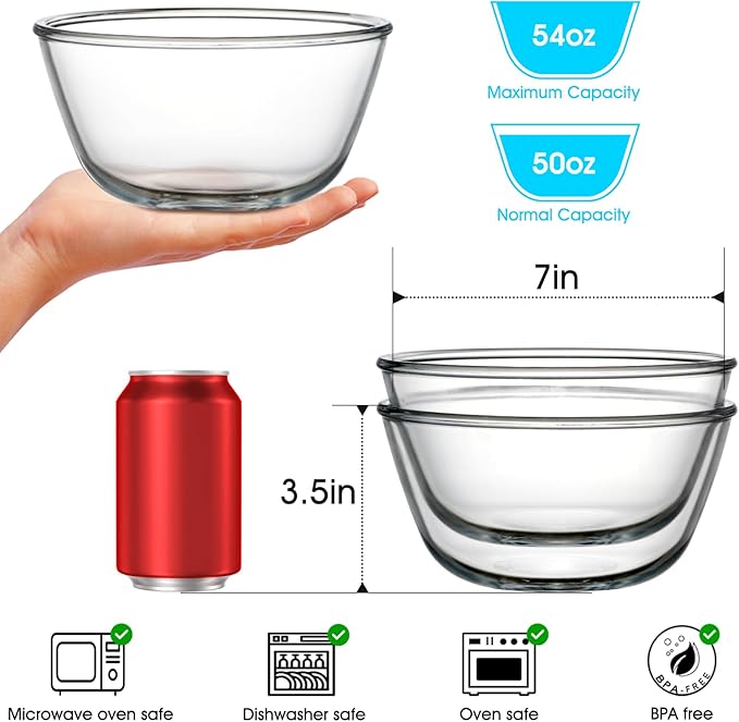 NUTRIUPS Glass Bowls Set Cereal Bowl Glass Salad Bowls Small Bowl for Kitchen (50oz-set of 2)