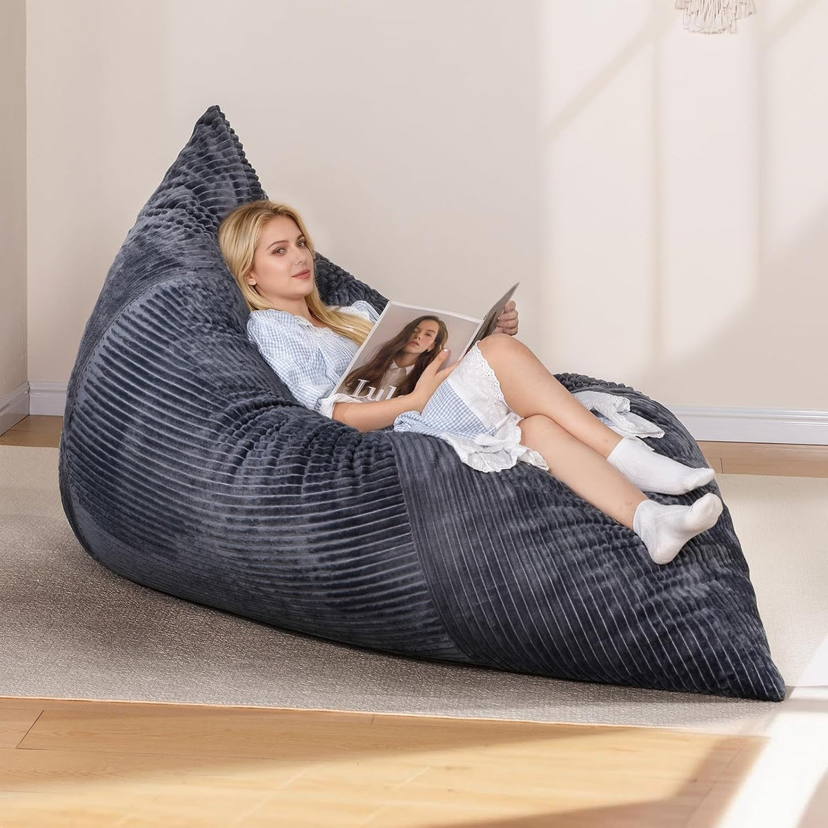 4 in 1 Giant Bean Bag Chair for Adults & Kids, 75” Beanbag Couch with High-Density Memory Foam Filling, Multifunctional Floor Sofa Lounger Suitable for Living Room Bedroom Apartment (Grey)