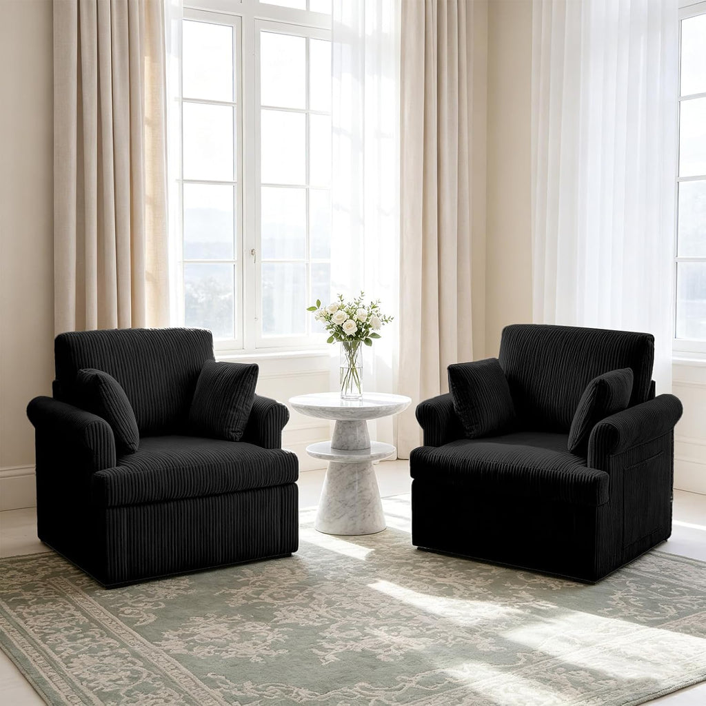 Garvee 39" Modern 360 °Swivel Accent Chair,Large Corduroy Accent Chairs with 2 Pillows,Comfy Upholstered Round Armchair Single Sofa for Living Room,Bedroom,Office,Reading,Black