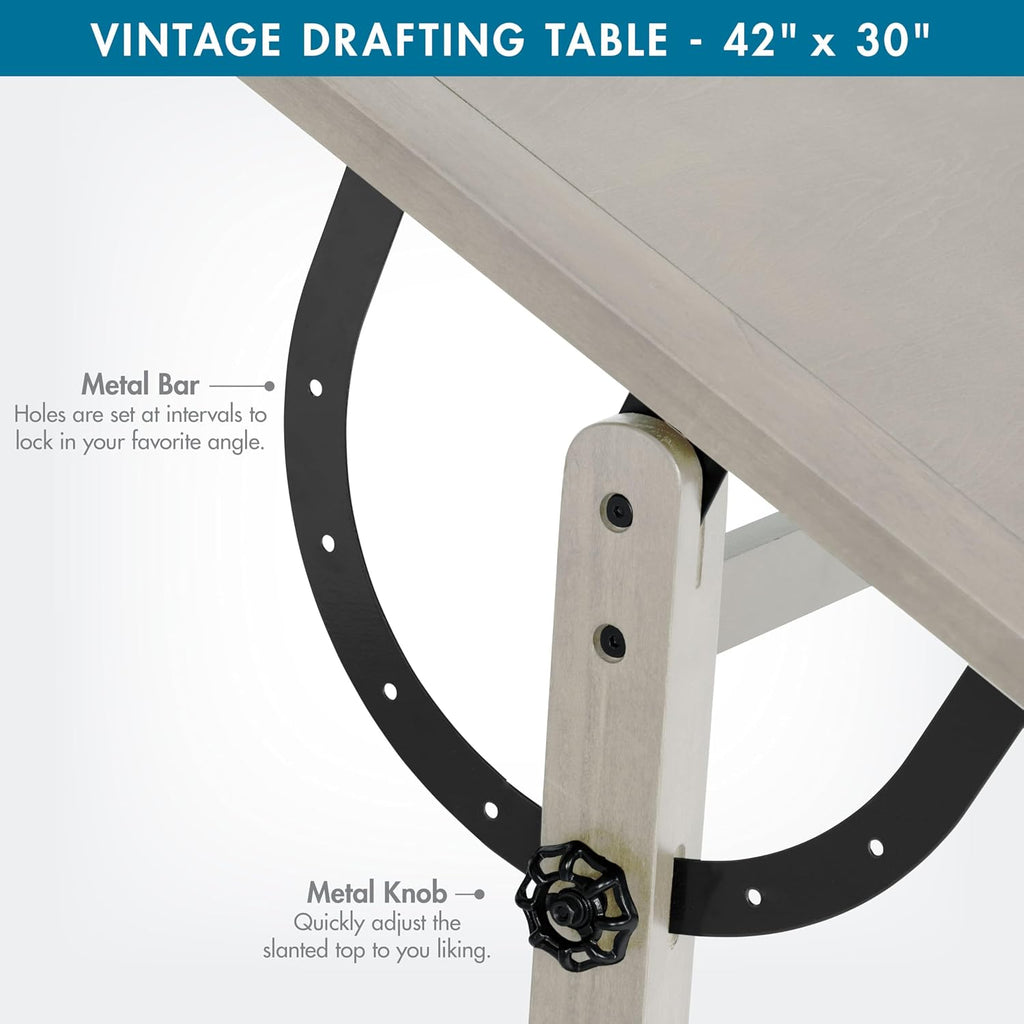 Studio Designs Wood Drawing/Drafting Table with Pencil Ledge - 42" W x 30" D - Whitewash - Tilting Top Adjustable Desk