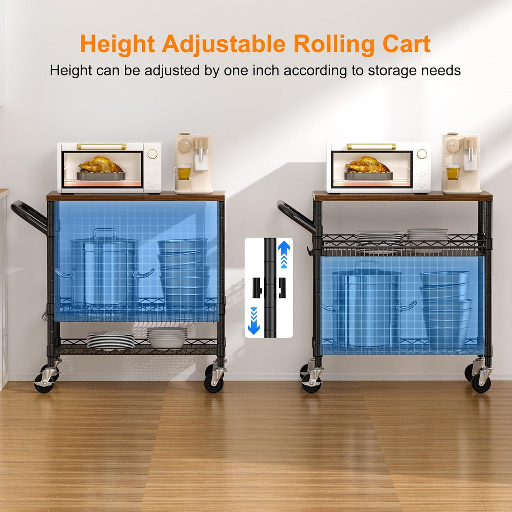 NTE Rolling Kitchen Carts on Wheels, 650Lbs Capacity 3 Tier Utility Cart with Wood Tabletop, Kitchen Storage Cart with 8 Hooks, Metal Serving Cart with Handle and Shelf Liners for Kitchen, Black