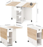 Mondeer Folding Dining Table with Drawer and Shelves, Oak & White | Drop Leaf Kitchen Table with 1 Drawer and 2 Storage Shelves in Modern Style for Small Spaces and Seats 4-6 People.