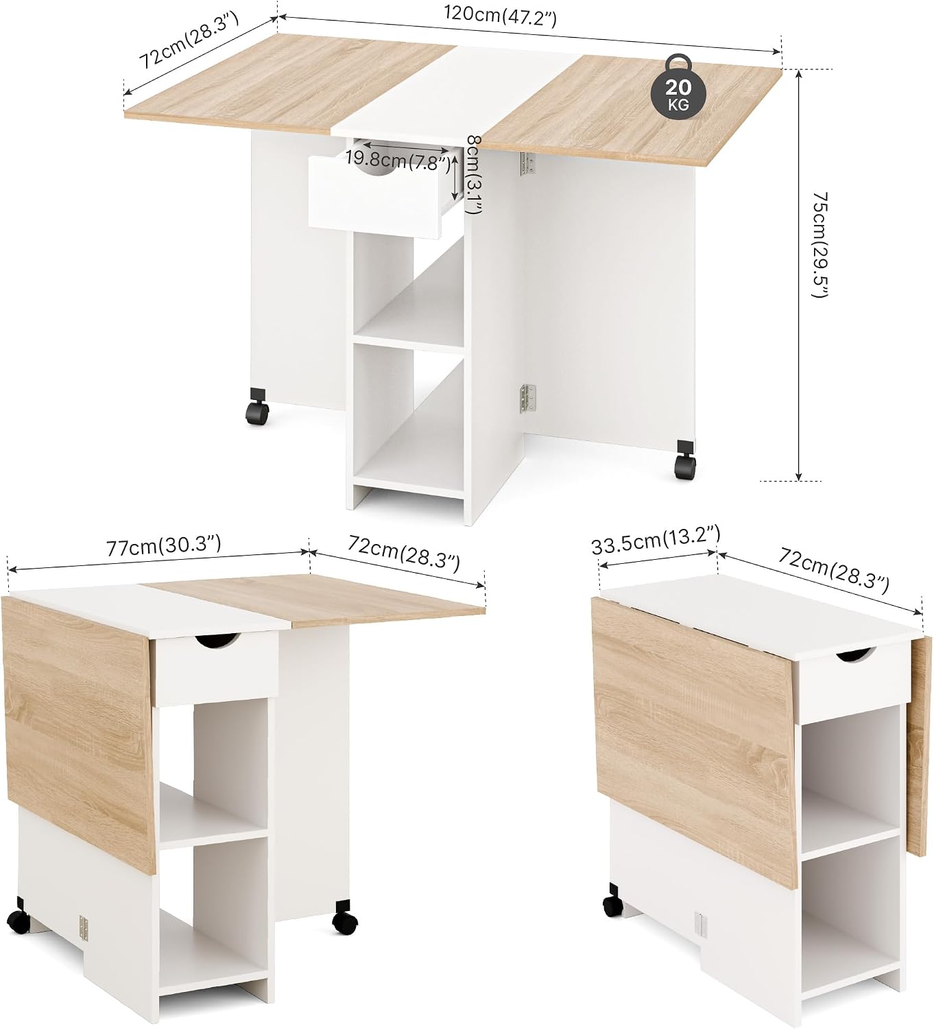 Mondeer Folding Dining Table with Drawer and Shelves, Oak & White | Drop Leaf Kitchen Table with 1 Drawer and 2 Storage Shelves in Modern Style for Small Spaces and Seats 4-6 People.