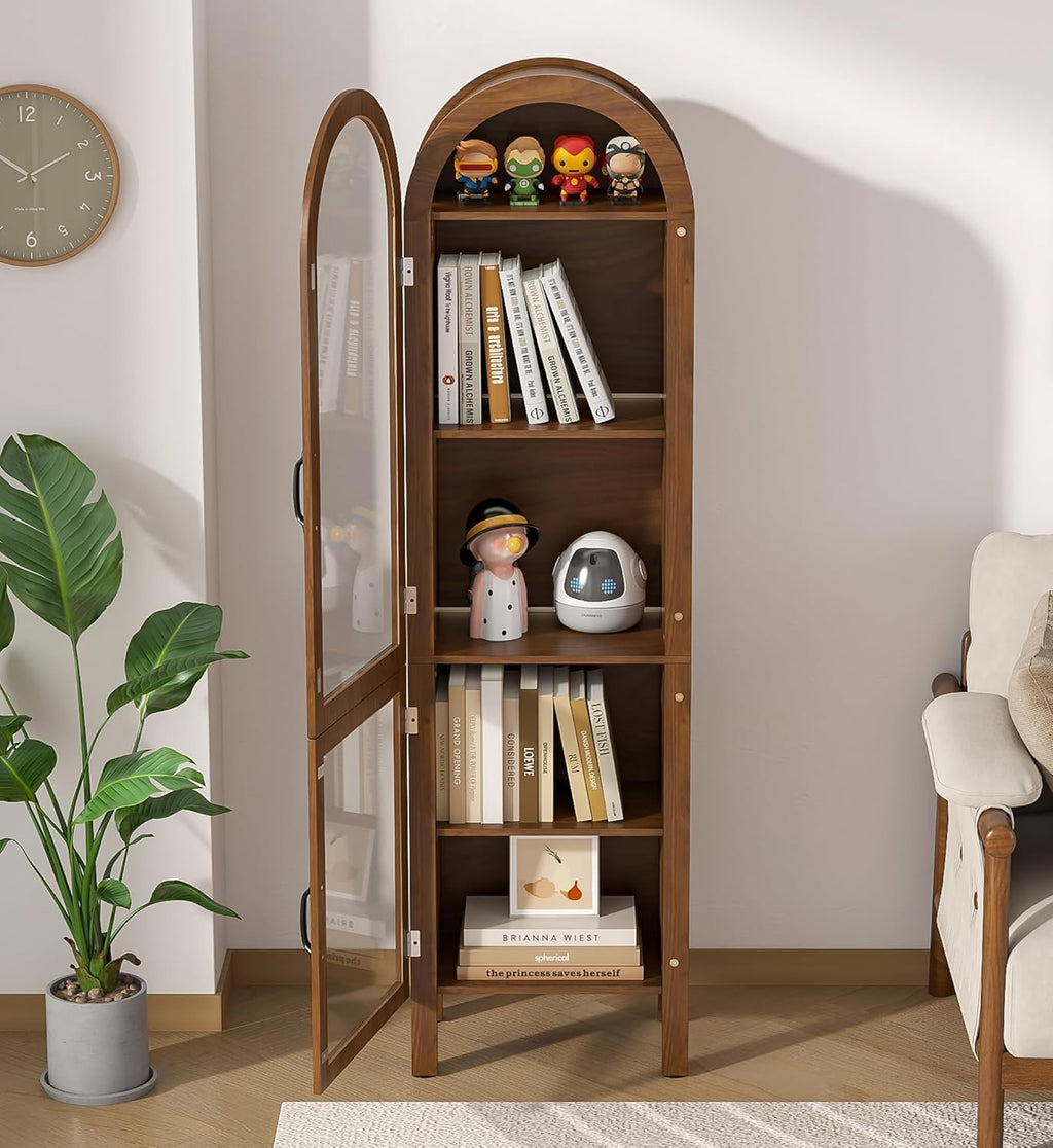 Lxsxlome 64'' Arched Display Cabinet with Acrylic Glass Doors, Walnut
