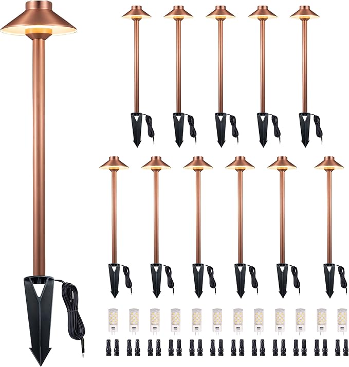 Low Voltage Landscape Path Light Solid Brass, 3 Color Temp Selectable LED Driveway Lights Waterproof, Hat Shaped 12V Wired Copper for Walkway Garden with 3W 270LM G4 Bulb (12 Pack)