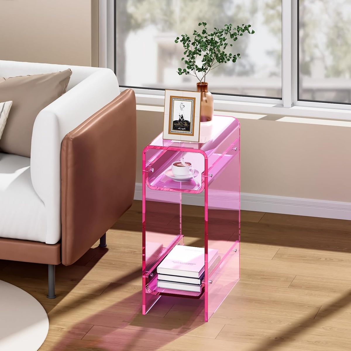Clear Acrylic Side Table, Narrow Nightstand Bedside Table for Bedroom, Skinny Small End Table (Pink, 8.7'' x 15.7'' x 21.7")