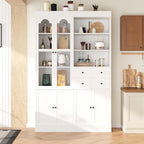 Freestanding Buffet with Hutch, 47.2 * 15.7 * 75 inch Tall Kitchen Pantry Cabinet with 4 Drawers, Door Shelves and Pull-Out Trays for Dining, Living Room, White