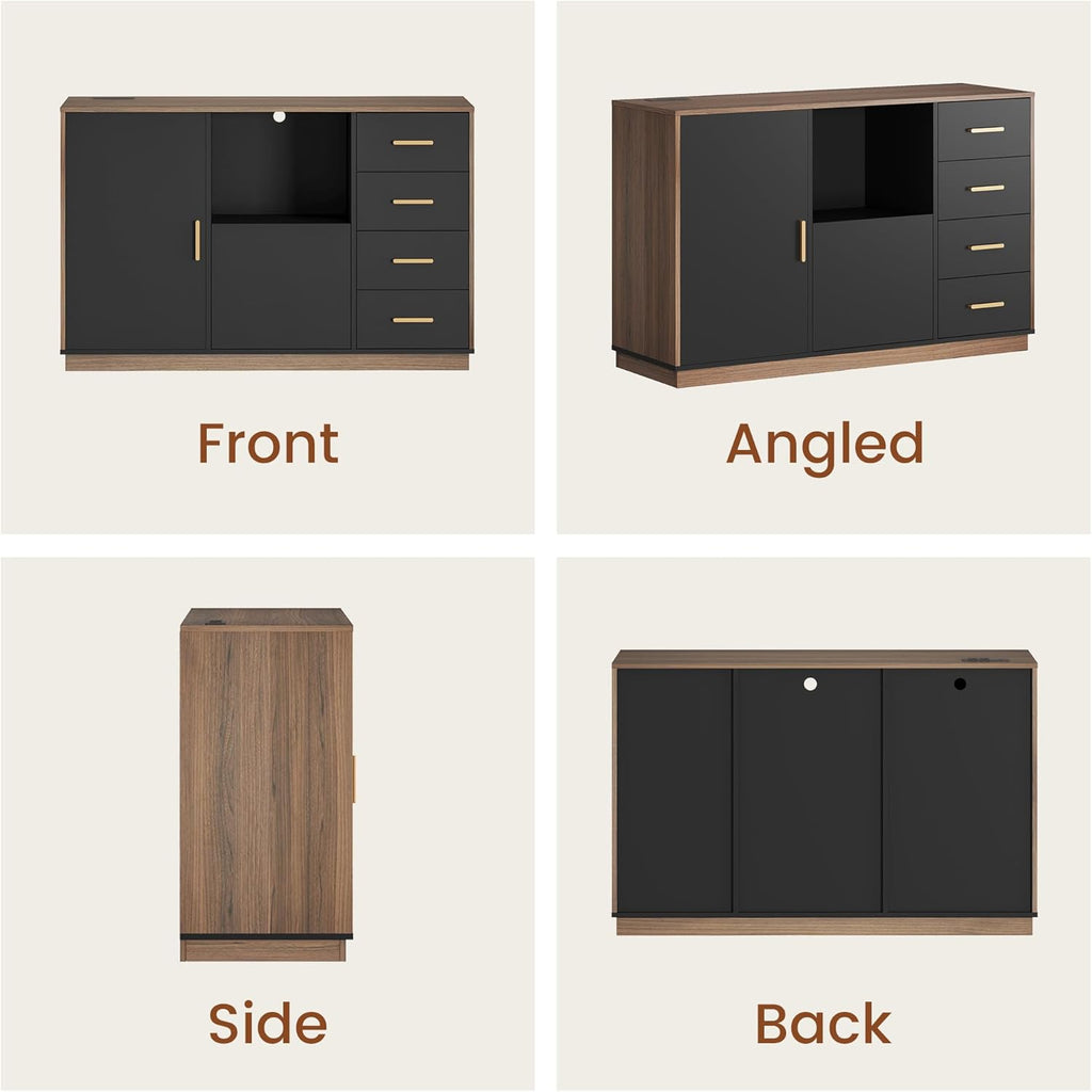 ModernMate 5 Drawer File Cabinet with Charging Station, Storage Cabinet with Door & Adjustable Shelves, Printer Stand with Open Shelf for Home Office, Fits A4/Letter Size, Black Walnut