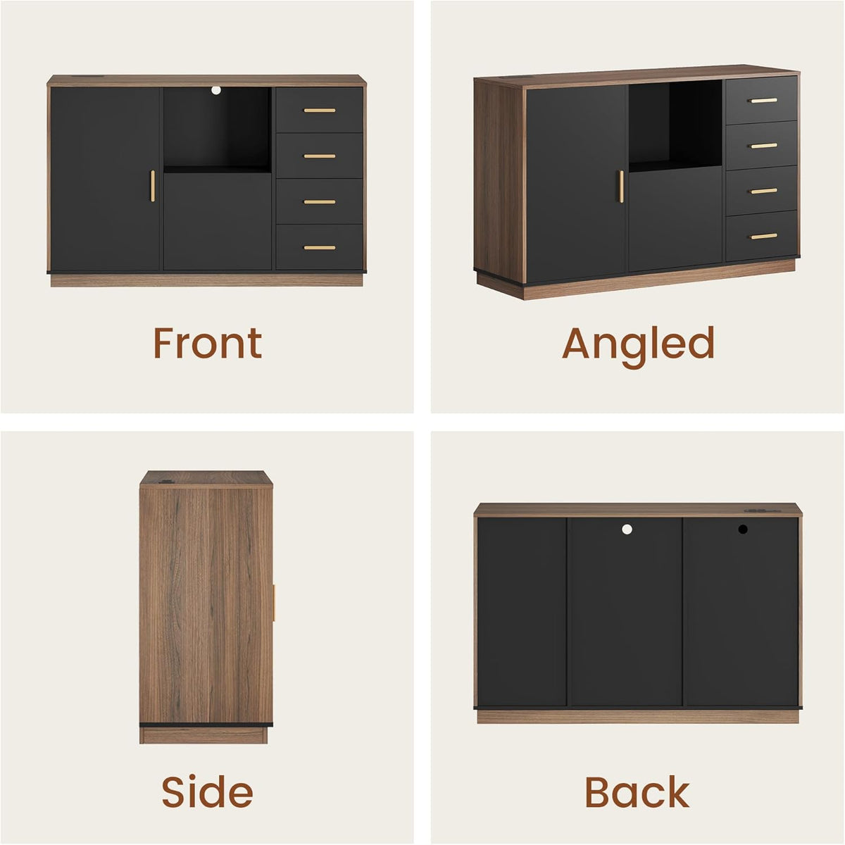 ModernMate 5 Drawer File Cabinet with Charging Station, Storage Cabinet with Door & Adjustable Shelves, Printer Stand with Open Shelf for Home Office, Fits A4/Letter Size, Black Walnut