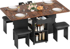 Mondeer 55" Folding Dining Table and Chairs Set 4, Cushioned Stools | 2 Drawers, Storage Shelves, Space Saving Table and Chairs for Kitchen Dining Room Small Spaces, Rustic Brown and Black