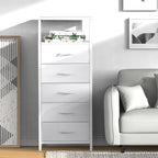 5 Drawers White Tall Fabric Dresser for Bedroom, Dorm Nightstand | Vertical Storage Tower Closet Organizer, Skinny Narrow Bedside Table for Entryway, Steel Frame, Wooden Top