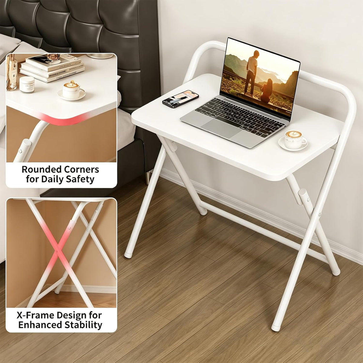 Folding Table, Small Computer Desk, Foldable Desk for Bedroom, Mini Desk for Home Office&Study, 24x16 Inches, No Assembly Required, Wood Top with Metal Frame, White