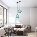 KCO Lighting Mid Century Modern Blue Glass Pendant Light Large Globe Kitchen Island Dining Pendant Lights Black Round Ceiling Hanging Lighting Fixture Adjustable Cord Farmhouse Foyer Chandelier