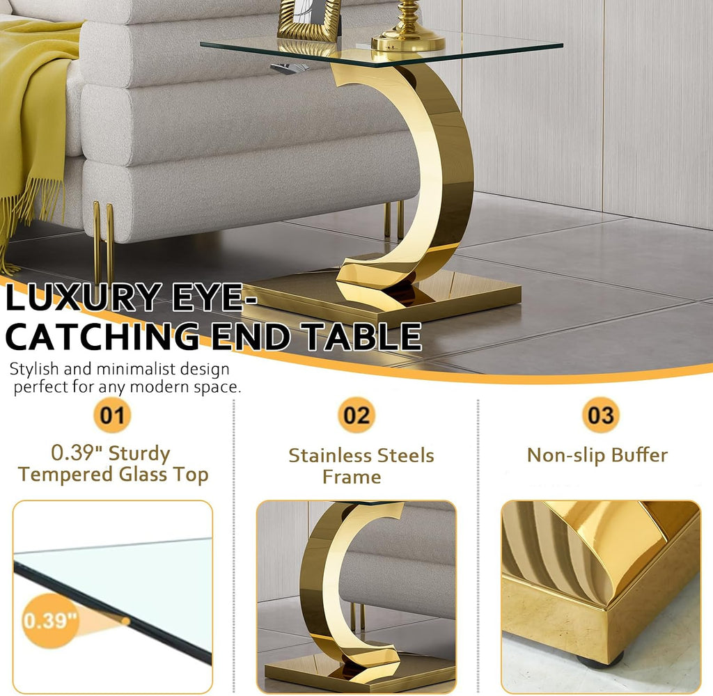 Modern Square Glass End Side Table with C-Shape Gold Stainless Steel Base, 22.83" Small Glass Top Bed Side Coffee Table Nightstand for Living Room Bedroom Office