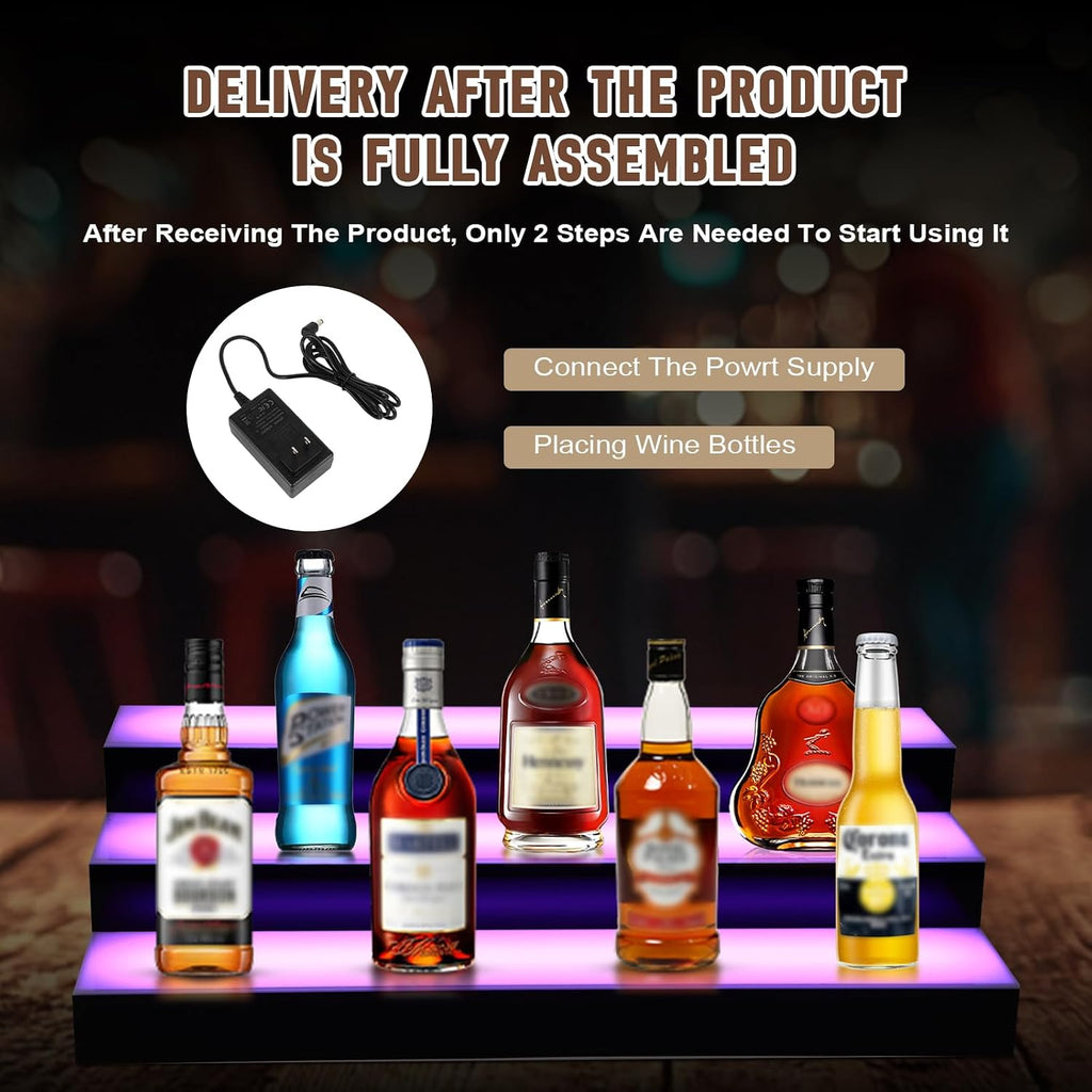 FAHKNS Lighted Liquor Bottle Display, 3 Tiers 24 Inch Acrylic Bar Shelf with Remote Control, Multicolor LED Illuminated Whiskey Rack for Home Bar