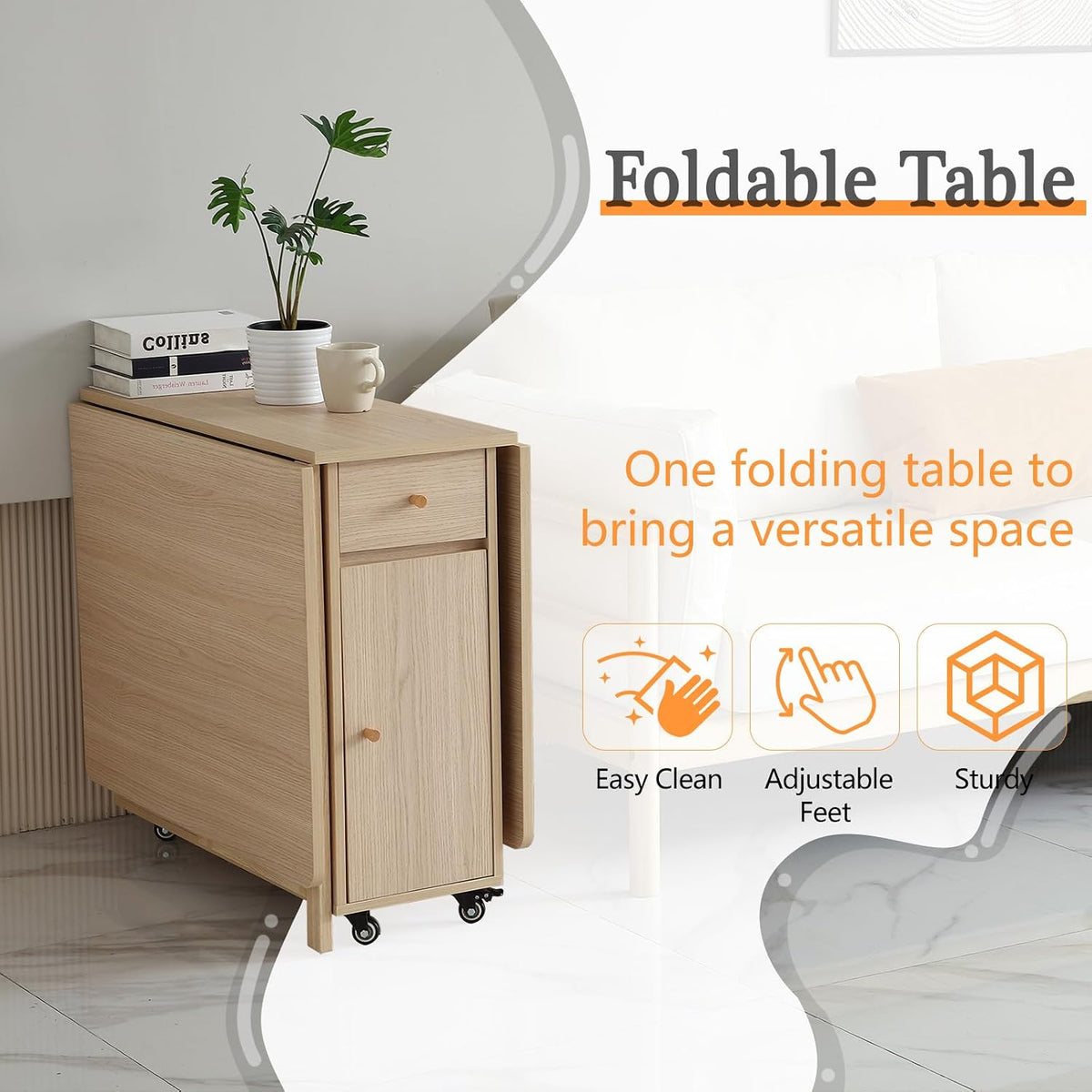 COMUHOME Drop Leaf Folding Dining Table with Storage, Wheels, Space Saving | Foldable Design, 18mm Thick Plywood, 300 lbs Capacity, Locking Wheels, Farmhouse Style, for Living Room Kitchen Small Spaces