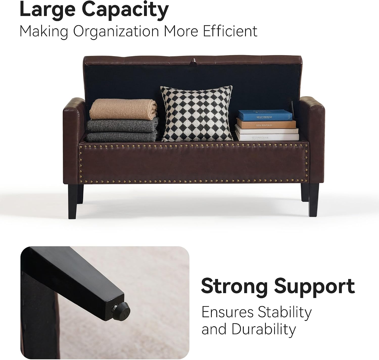 WUTUTUEE 47" Modern Water-Resistant Faux Leather Storage Ottoman Bench with Wooden Legs, Upholstered End of Bed Bench for Bedroom, Living Room or Entryway, Dark Brown