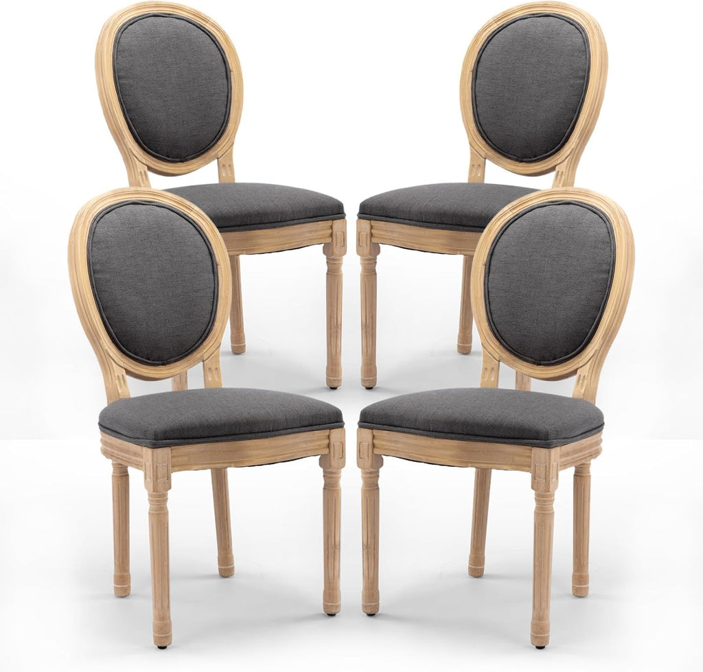 French Country Dining Chairs Set of 4, Upholstered Dining Room Chairs with Round Back, Solid Wood Legs, Oval Side Chairs for Kitchen,Bedroom,Dining Room,Restaurant(Dark Grey-Fabric)