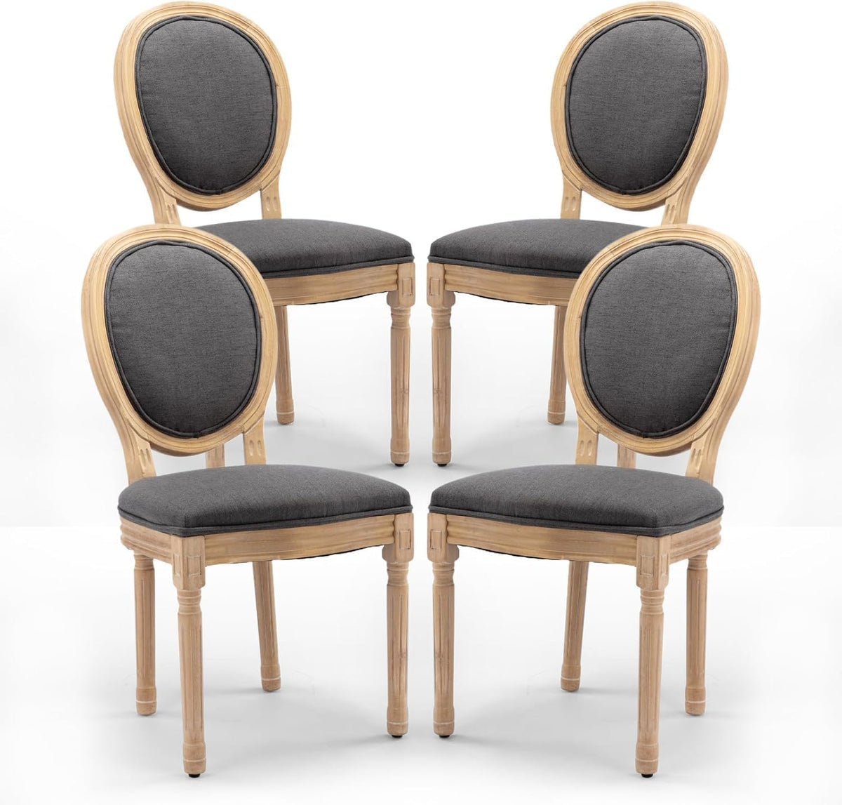 French Country Dining Chairs Set of 4, Upholstered Dining Room Chairs with Round Back, Solid Wood Legs, Oval Side Chairs for Kitchen,Bedroom,Dining Room,Restaurant(Dark Grey-Fabric)