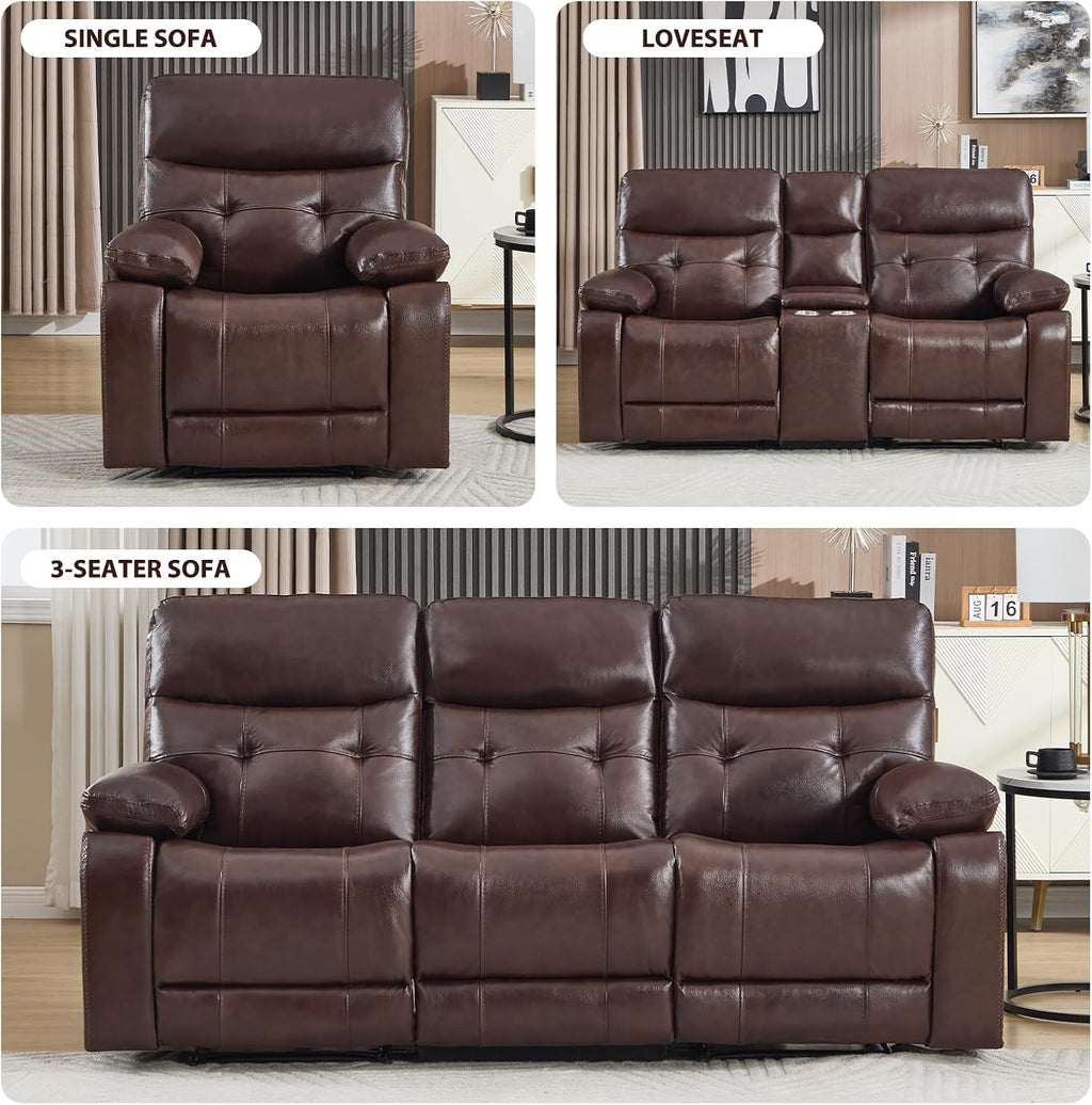 CANMOV Genuine Leather Power Reclining Sofa Set,Living Room Furniture Sofa Set,Power Recliner Chair,Loveseat and Sofa with Storage Console, USB Ports, Cup Holders for Living Room,Dark Brown