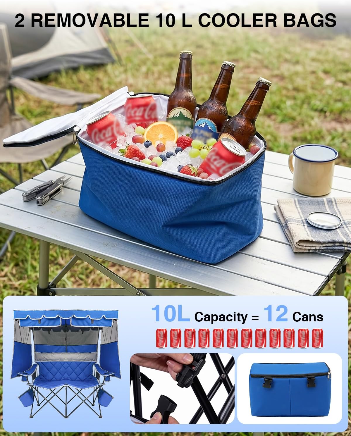 HOPERAN Double Camping Chair with Canopy, Heavy Duty 660lbs Double Beach Chair with Umbrella, Cooler & Cup Holder, Oversized Folding loveseat with Shade for Outside Sports, Beach, Lawn, Fishing
