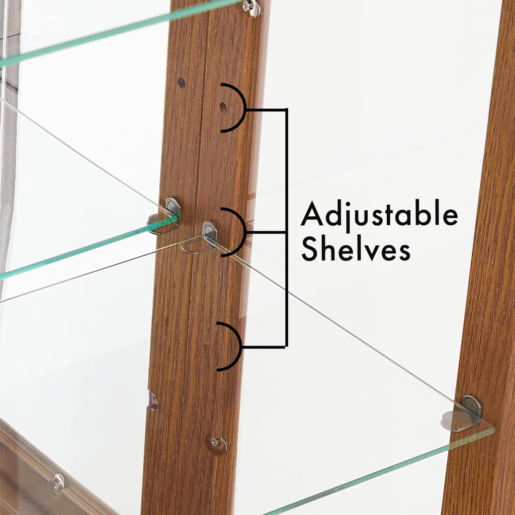 Lighted Curio Cabinet, Modern Floor Standing Glass Curio Cabinet Display Case Cabinet with Adjustable Shelves, Mirrored Back Panel and Tempered Glass Doors for Home/Office (Oak)