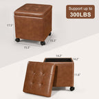 15 inch Square Storage Ottoman with Wheels and Tray Lid, Faux Leather Tufted Storage Cube Coffee Table, Movable Ottoman with Hidden Storage for Living Room, Bedroom