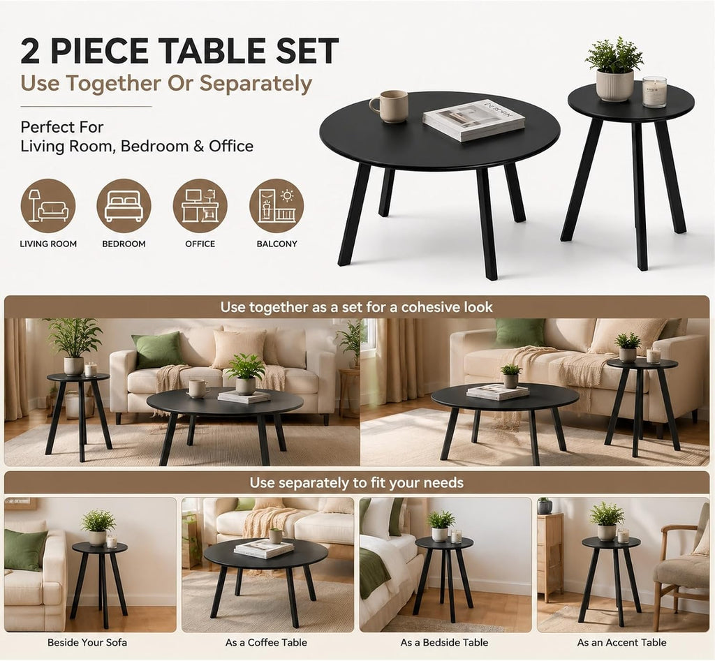2-Piece Round Nesting Coffee & Side Table Set, Black Metal | Space-Saving Design, Non-Slip Foot Pads, Smooth Easy-Clean Top, Indoor & Outdoor Use, Sturdy Metal Frame