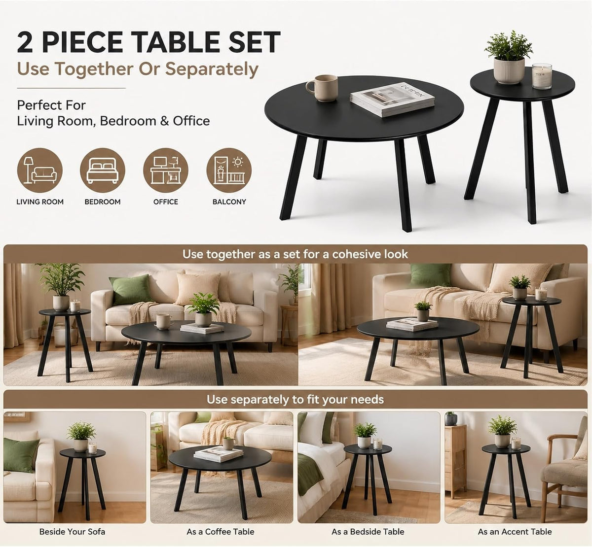 2-Piece Round Nesting Coffee & Side Table Set, Black Metal | Space-Saving Design, Non-Slip Foot Pads, Smooth Easy-Clean Top, Indoor & Outdoor Use, Sturdy Metal Frame