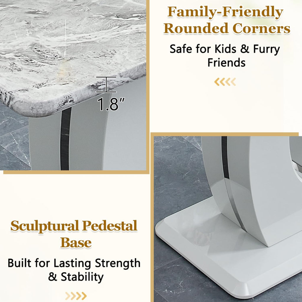 63'' Marble Dining Table Set for 6,Modern Counter Height Dining Table Set,Grey High Top Table with Leather Bar Stools,Bar Height Table Set Ideal for Dining,Pub,Kitchen