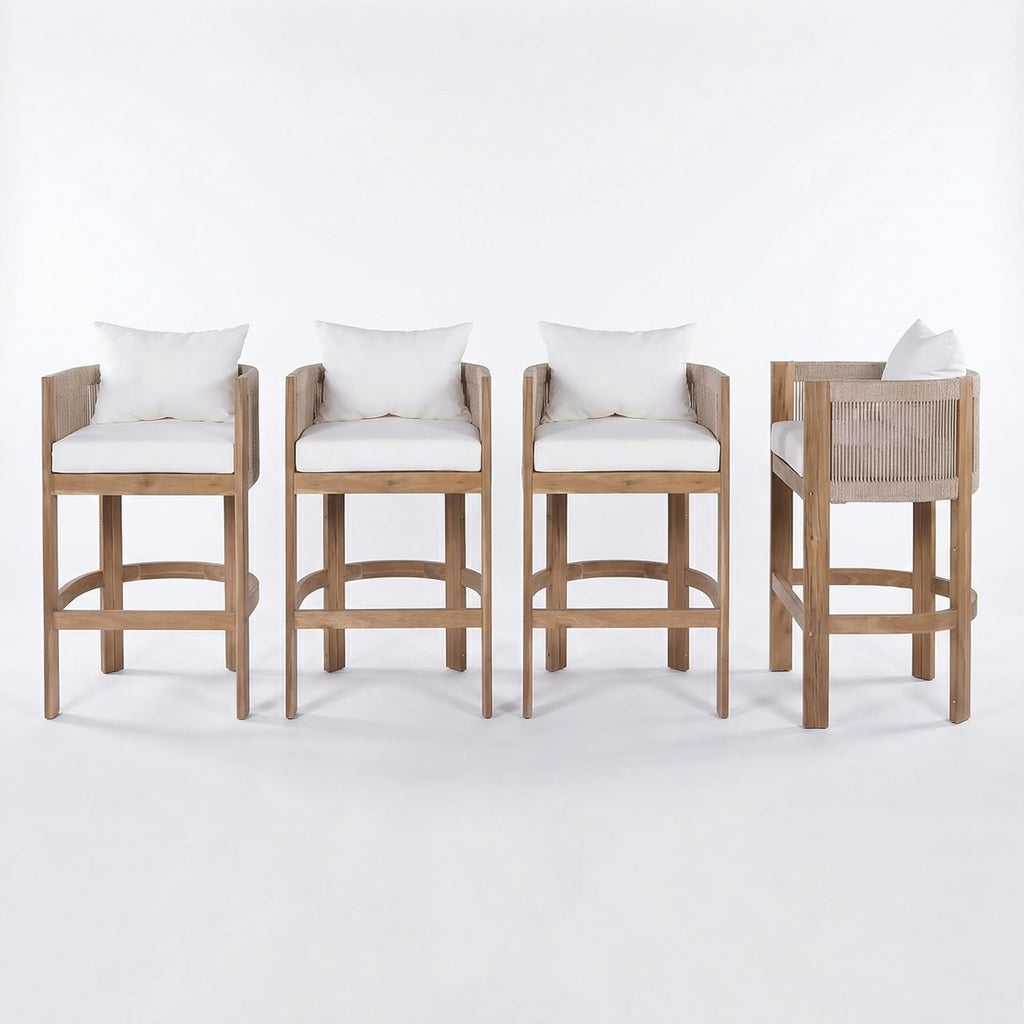 Merax Outdoor Bar Stools Set of 4, Rope Rattan Patio Barstools with Footrest and Cozy Cushions, Outdoor Acacia Wood Counter Height Bar Stools for Garden Backyard Pool Bar Chairs, Beige