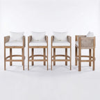 Merax Outdoor Bar Stools Set of 4, Rope Rattan Patio Barstools with Footrest and Cozy Cushions, Outdoor Acacia Wood Counter Height Bar Stools for Garden Backyard Pool Bar Chairs, Beige