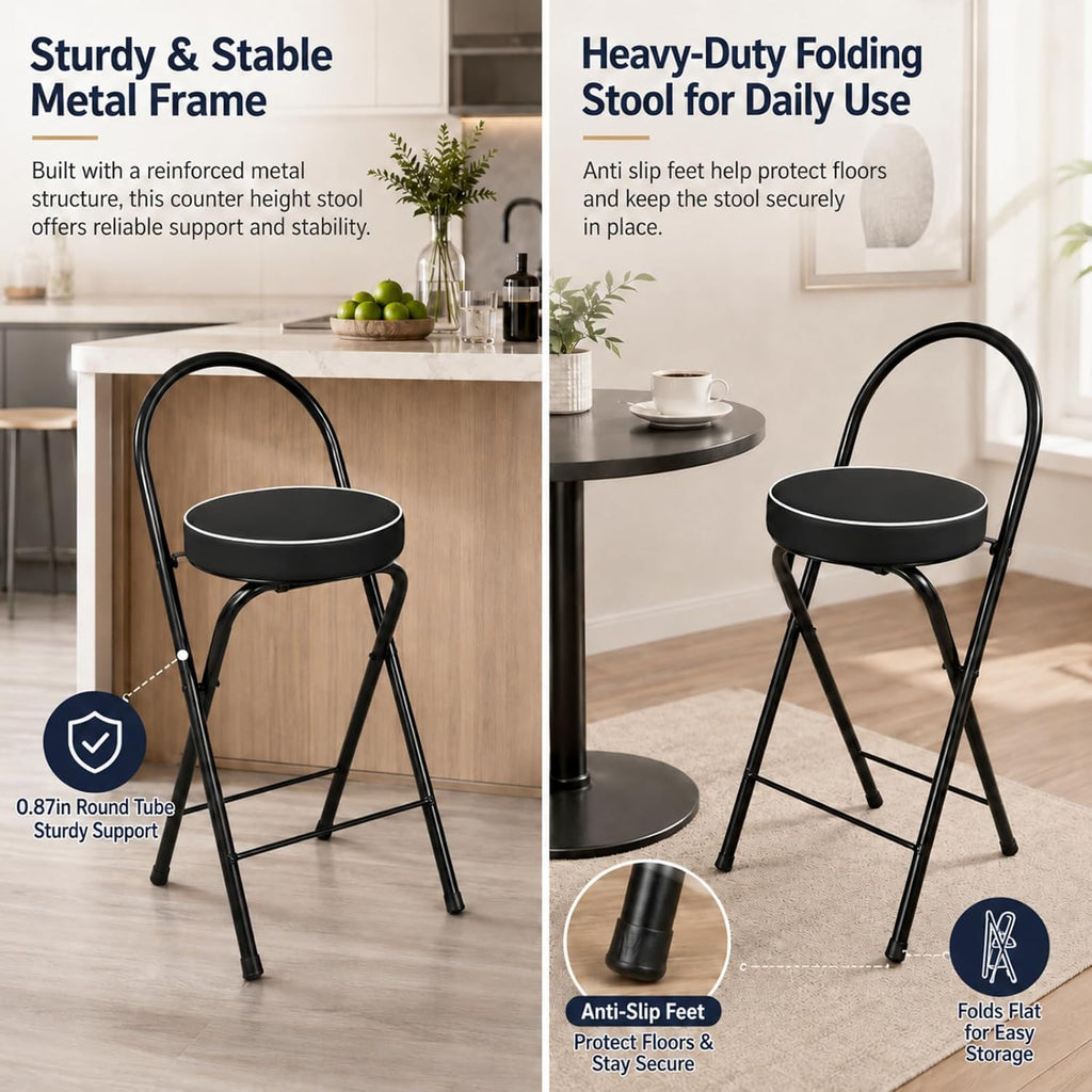 Folding Bar Stool with Backrest Counter Height Chair Padded Seat Cushion Space Saving Foldable Stool for Kitchen Island Extra Portable Indoor Seating(Black,25.6" Seat Height (65cm))