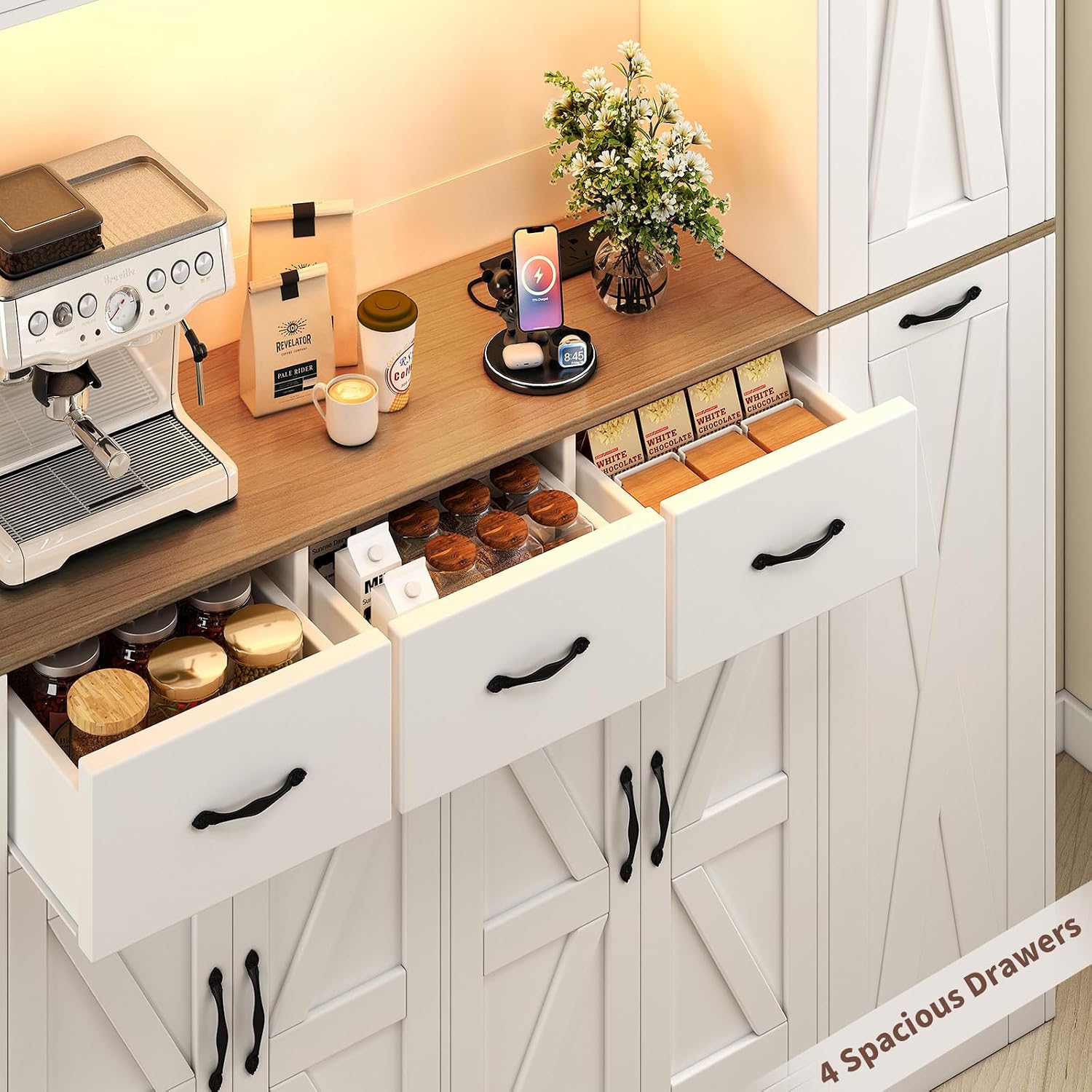 70.9" Tall Farmhouse Pantry Cabinet with Pull-Out Storage Cart & LED Lights, Modern Kitchen Storage Hutch with Charging Station, 9 Doors 3 Drawers Adjustable Shelves for Dining Living Room, White